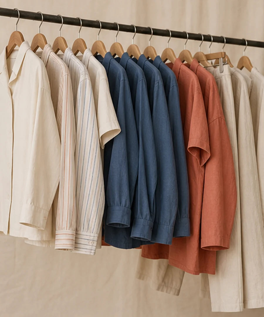 New cotton and linen garments on a studio rail