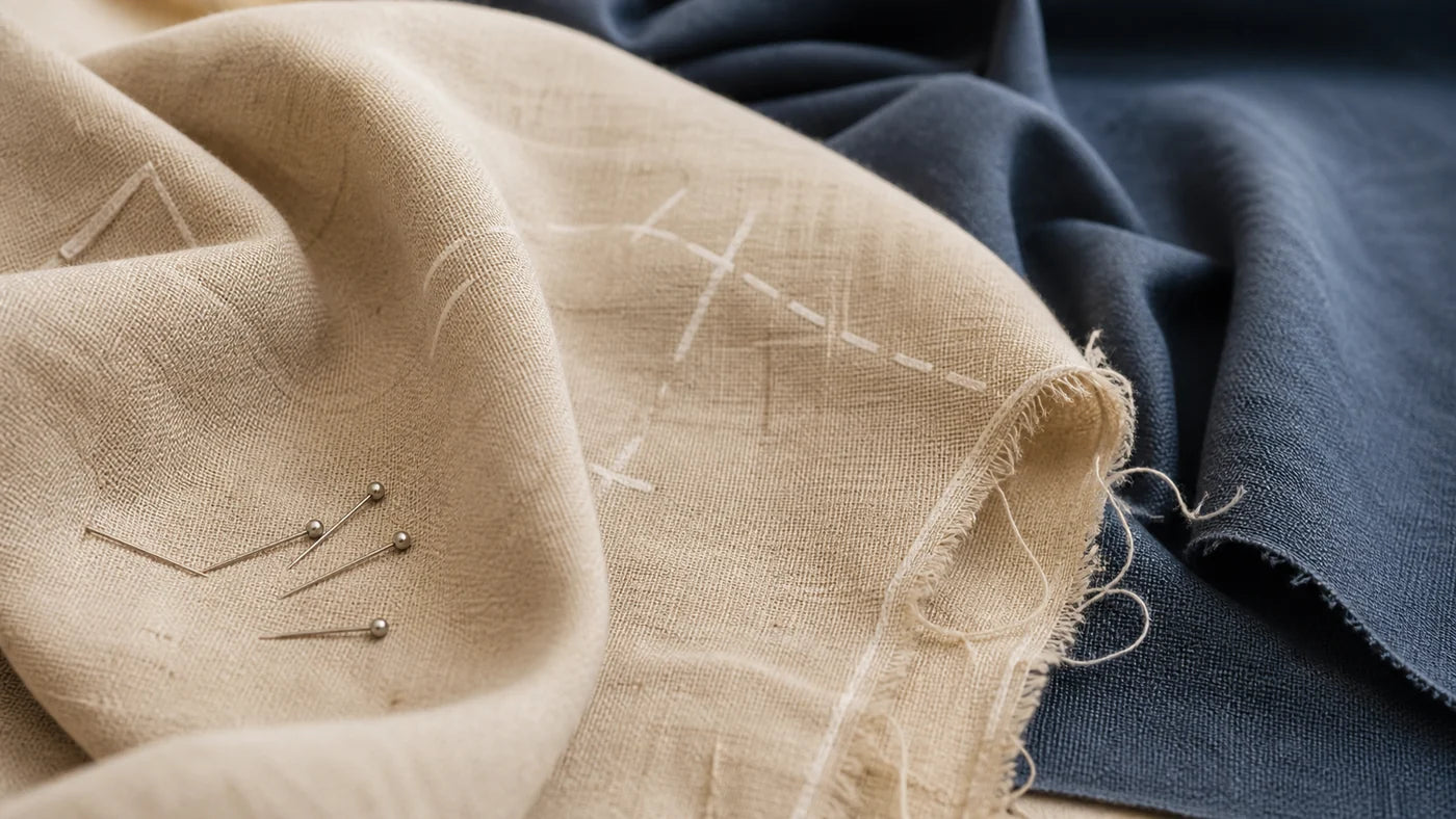 Close-up of calico and slate fabric with chalk marks and pins