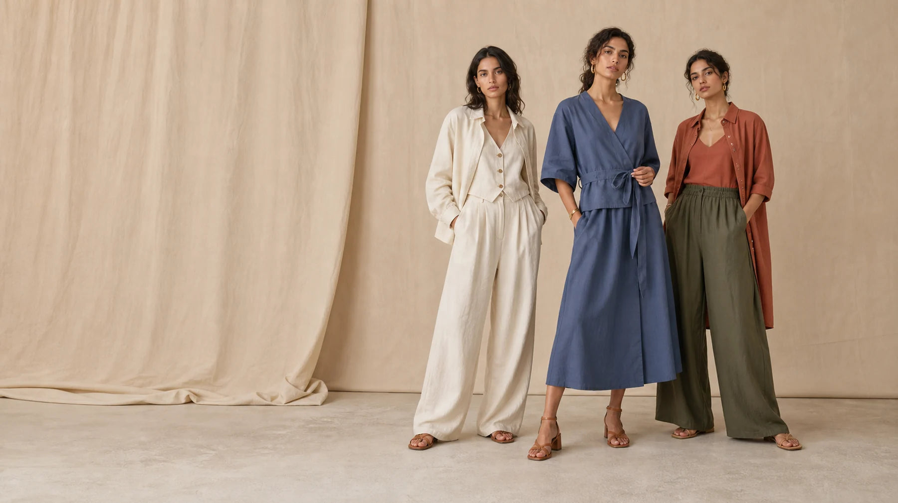Three models wearing ivory, slate, terracotta, and olive garments