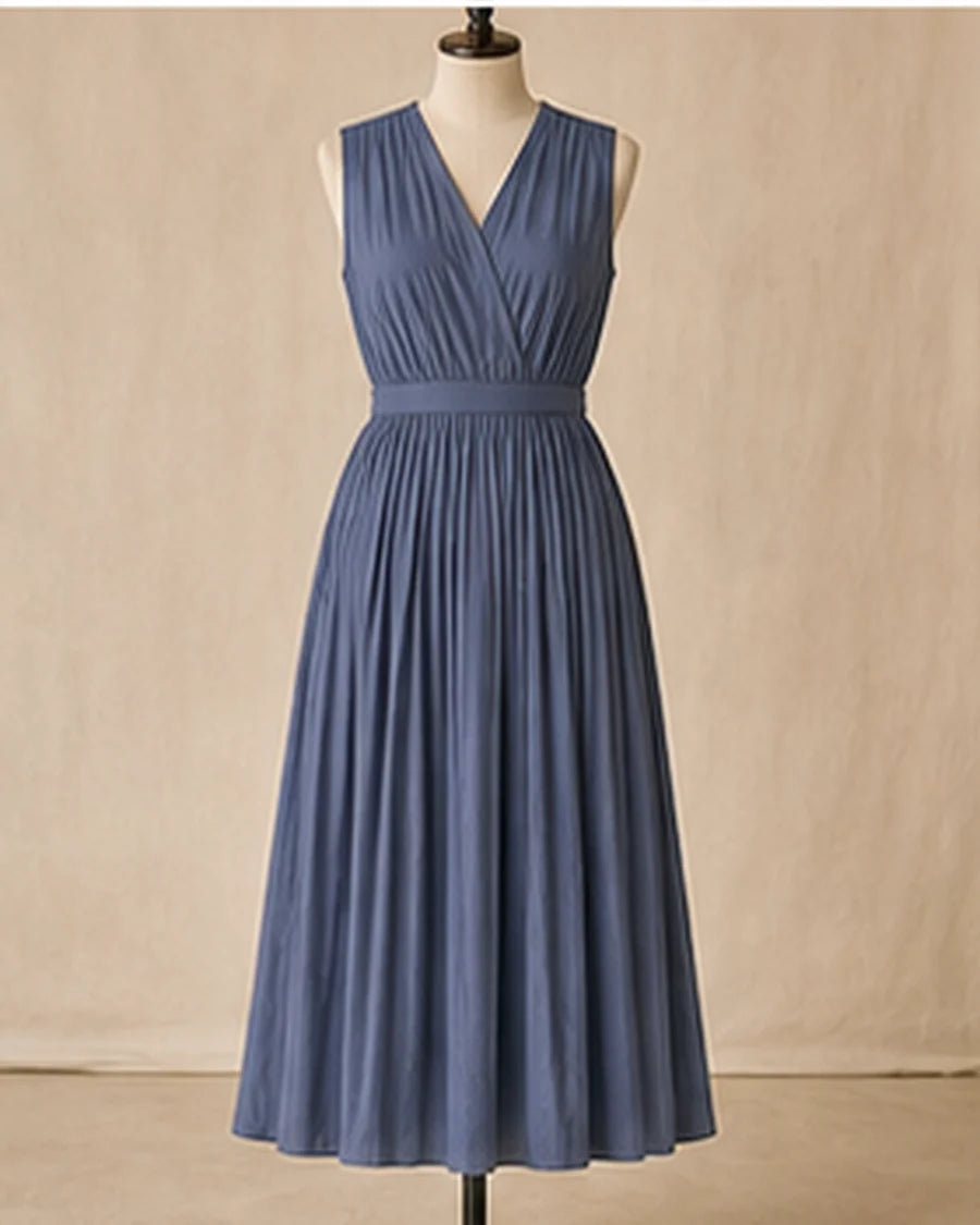 Slate blue pleated midi dress
